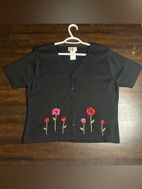 Vintage  R&K Originals black knit short-sleeve cardigan .